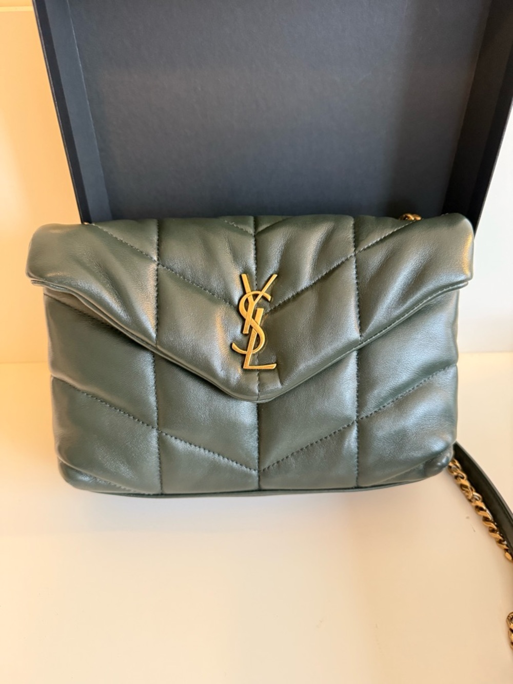 Saint Laurent Quilted Chevron Leather Shoulder Bag in Olive